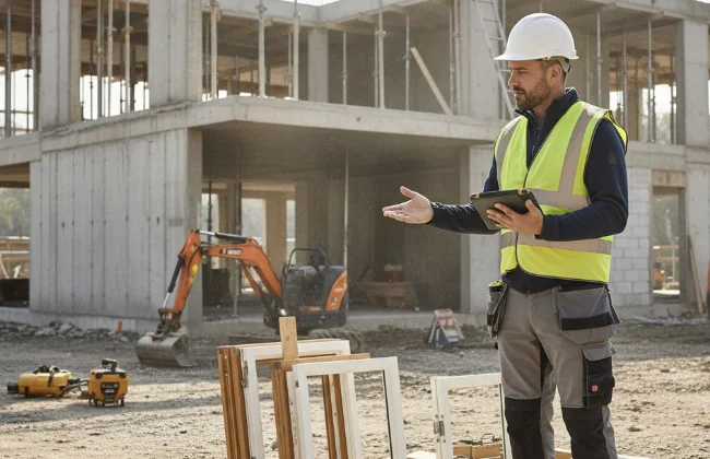 Commercial BTP sur chantier — tablette et matériel électrique