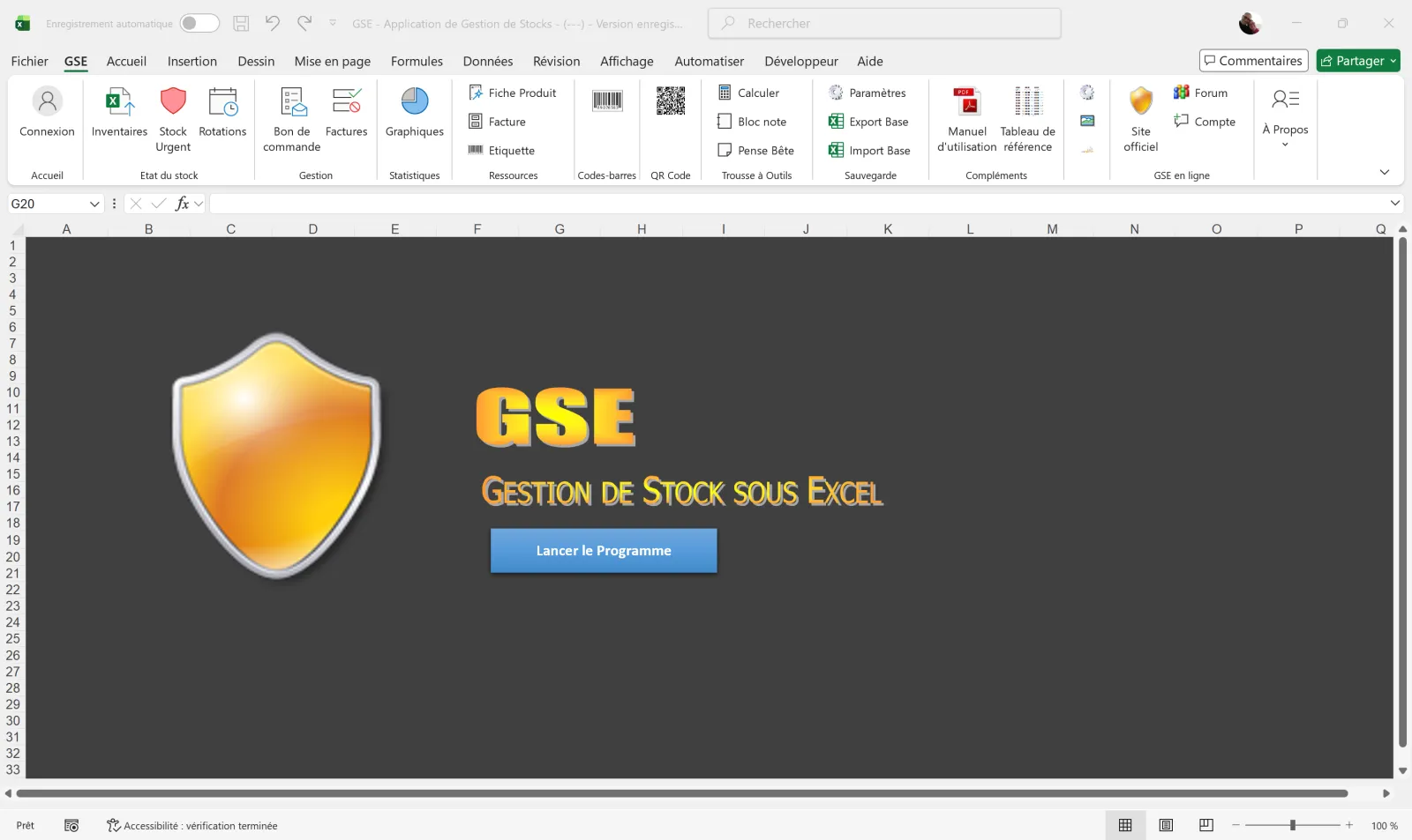 GSE sous Excel — formulaire d'accueil avec menus produits, mouvements, inventaire, tiers