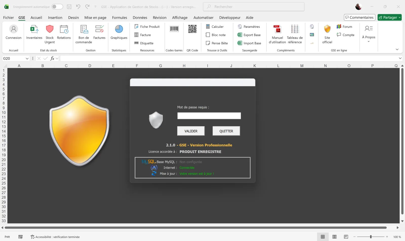 GSE sous Excel — écran de connexion sécurisée avec login et mot de passe