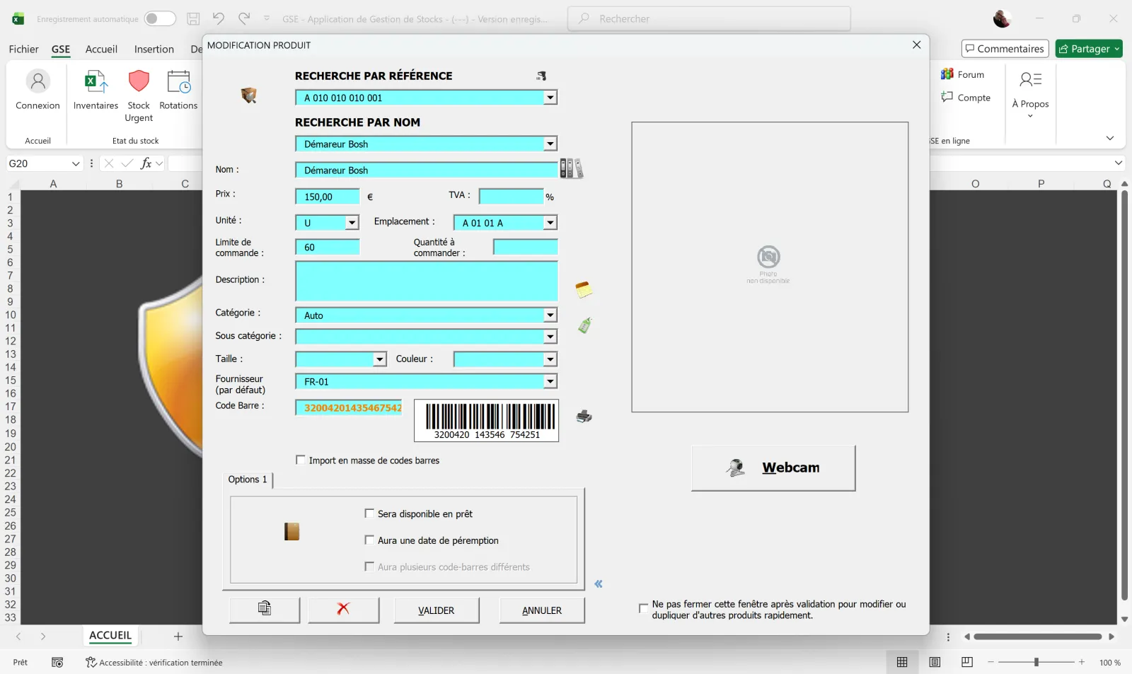 GSE sous Excel — formulaire de modification d'un produit existant