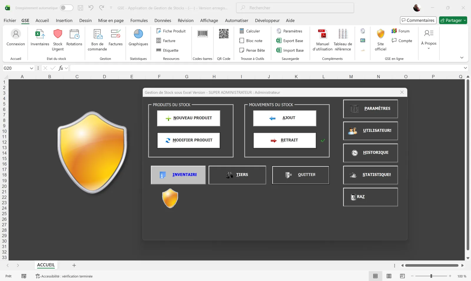 GSE sous Excel — écran de paramètres pour personnaliser l'application