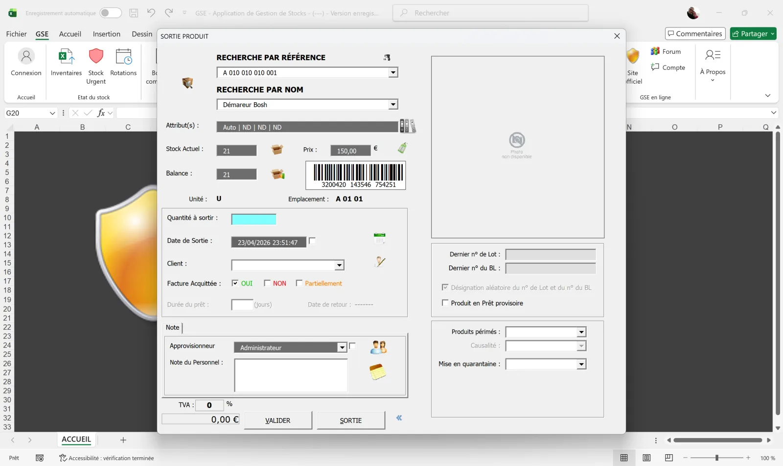 GSE sous Excel — formulaire de retrait de stock pour vente ou consommation