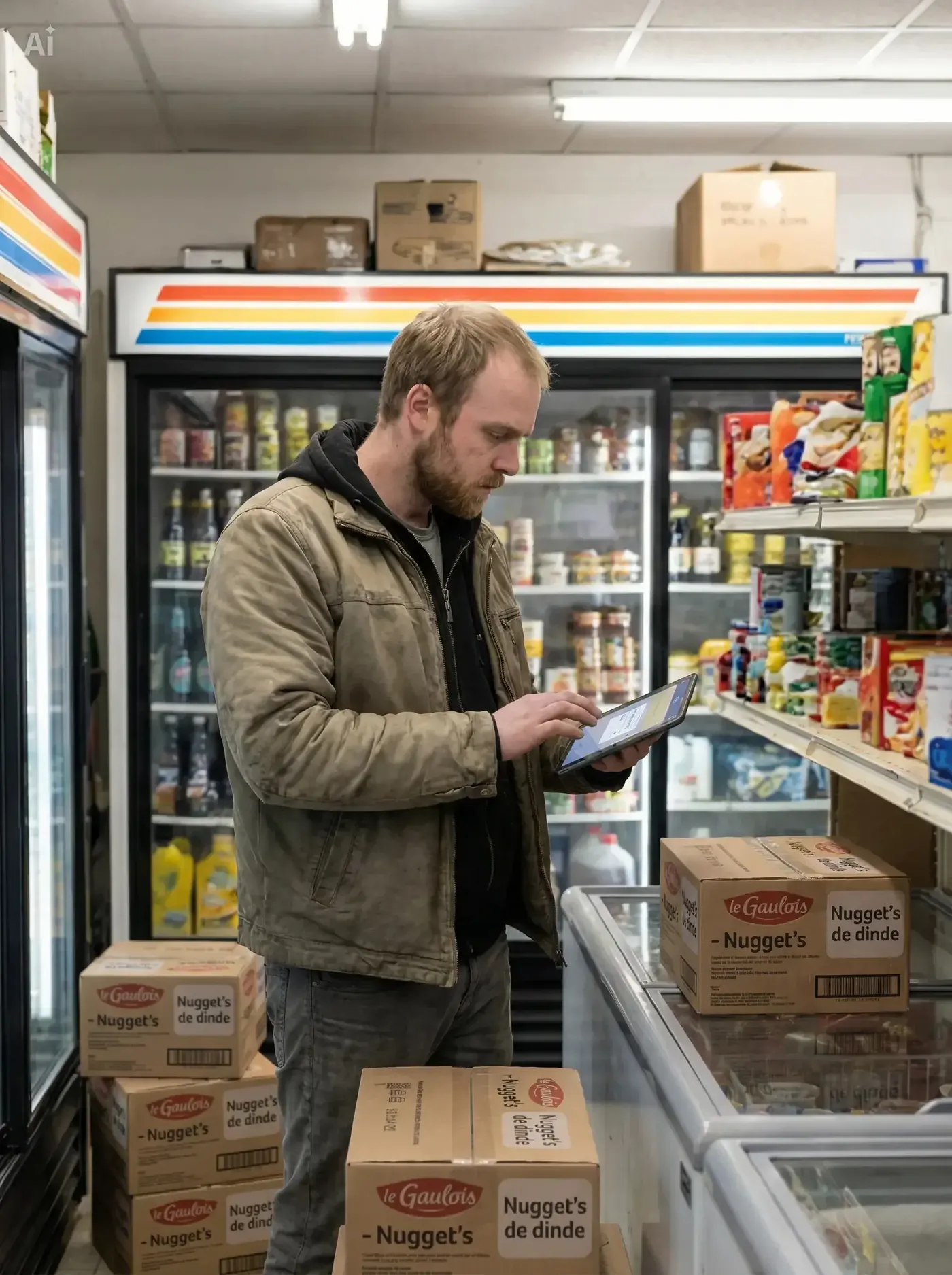 Magasinier enregistrant une livraison de produits frais, scan et saisie DLC sur tablette, caisses de produits