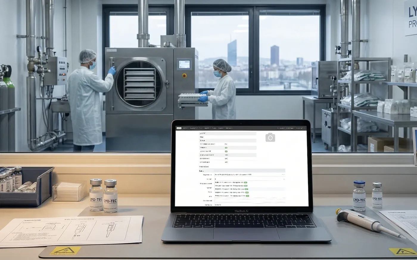 Réception de matière première en zone propre, opérateur scannant un lot, étiquette lot visible