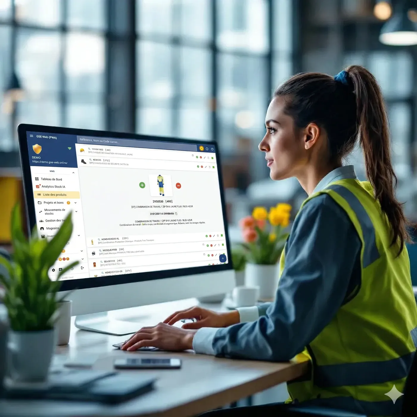 Responsable QHSE commandant des EPI sur un portail web épuré, bureau industriel moderne