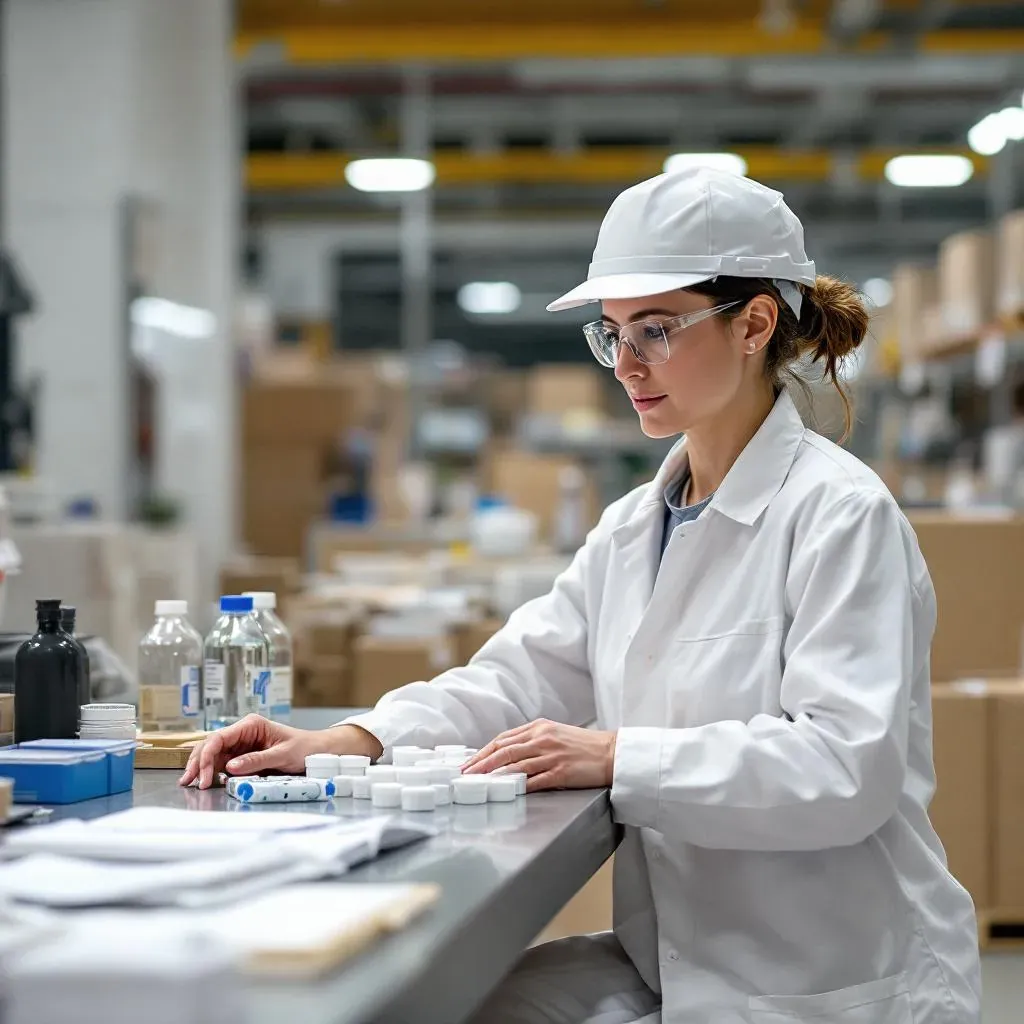 Responsable qualité en blouse blanche dans un environnement pharmaceutique propre, équipements de lyophilisation en arrière-plan